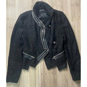 Tov Womens Cropped Blazer Black Tweed Pockets Collar Long Sleeves Full Zipper 38